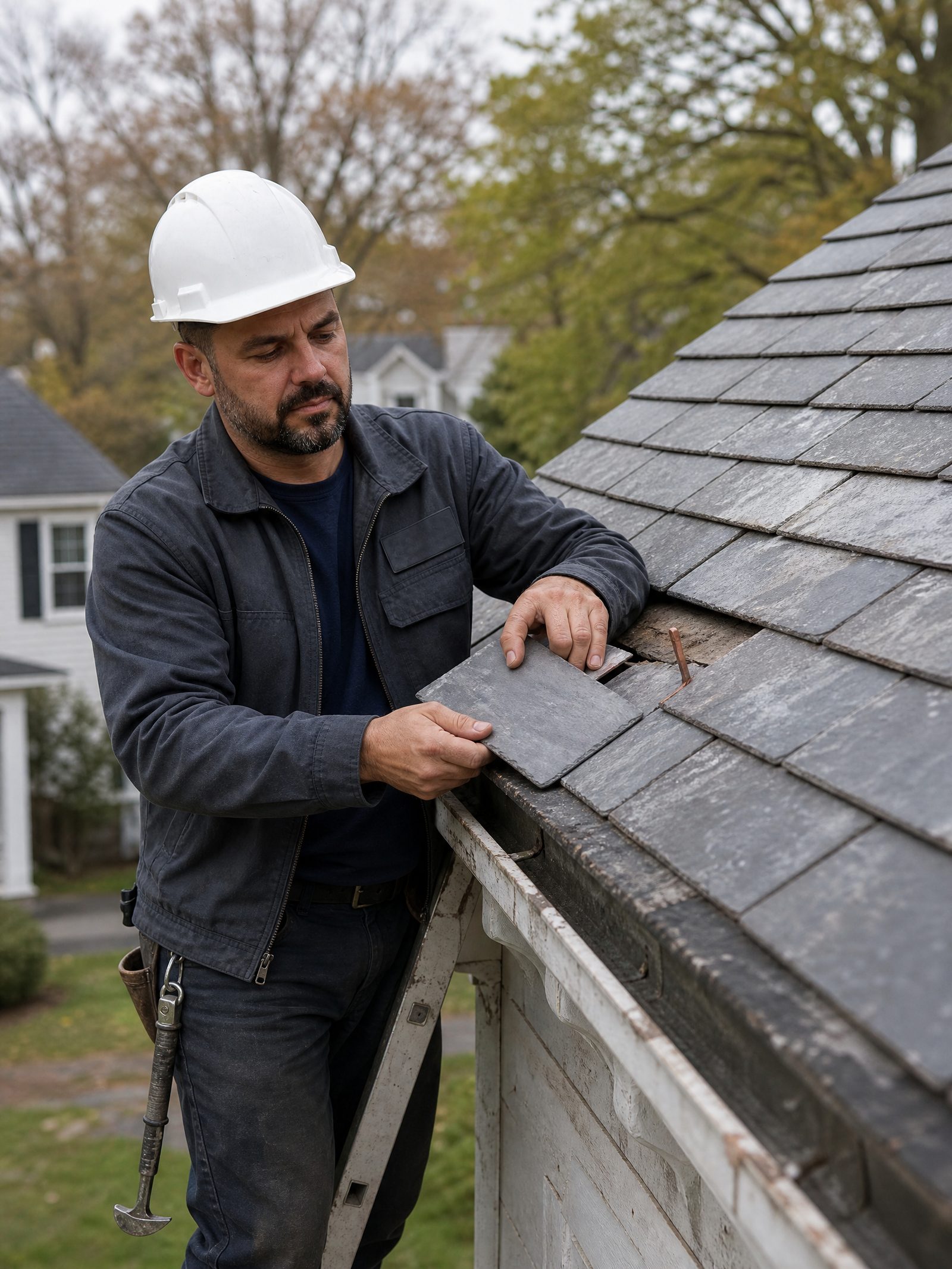 Hanging a replacement slate on a copper hook, Schenectady