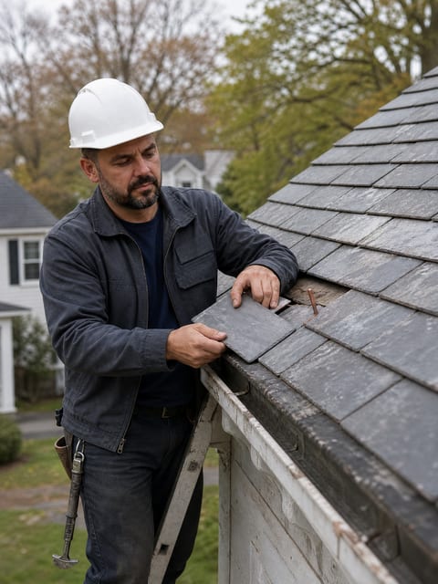Hanging a replacement slate on a copper hook, Schenectady